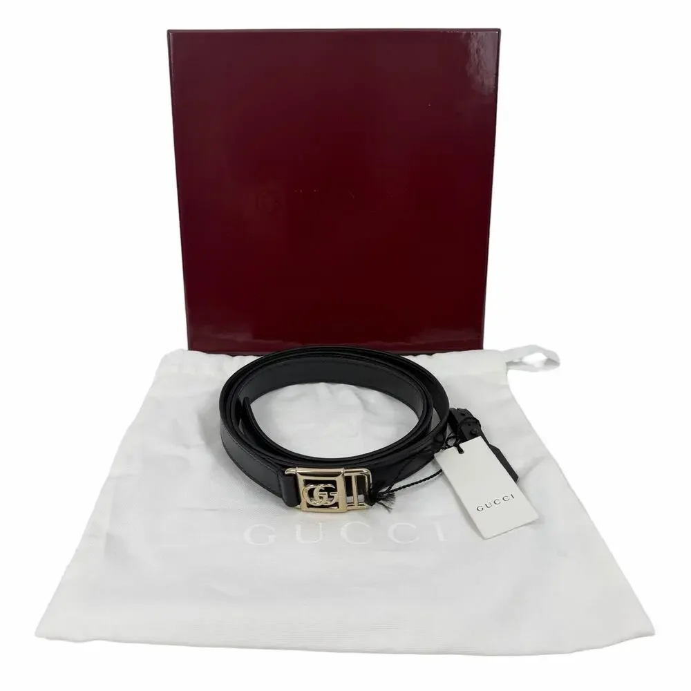 Gucci 20mm Leather Tie Belt Double GG Logo Black Silver Size 95/38